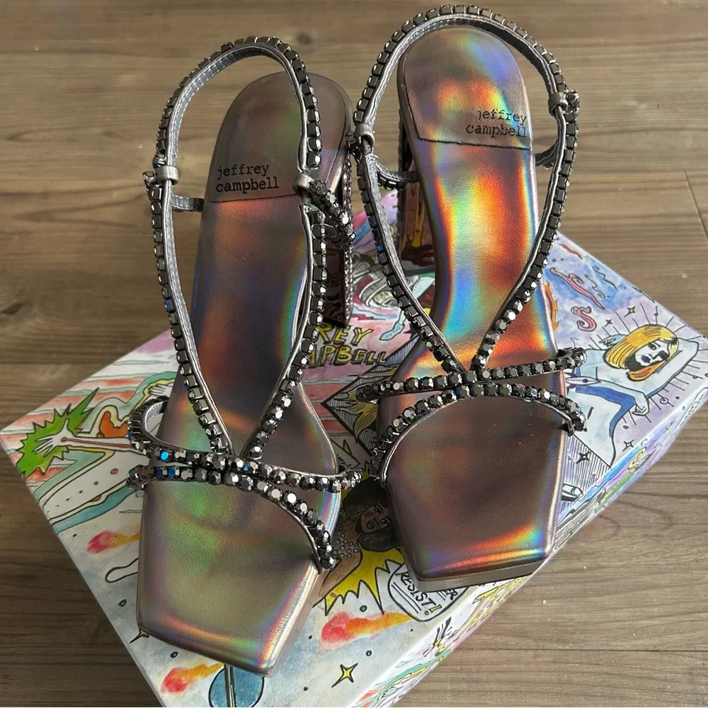 Jeffrey Campbell Metallic Strappy Platform Rhinestones Heels Sandals.  Size 7